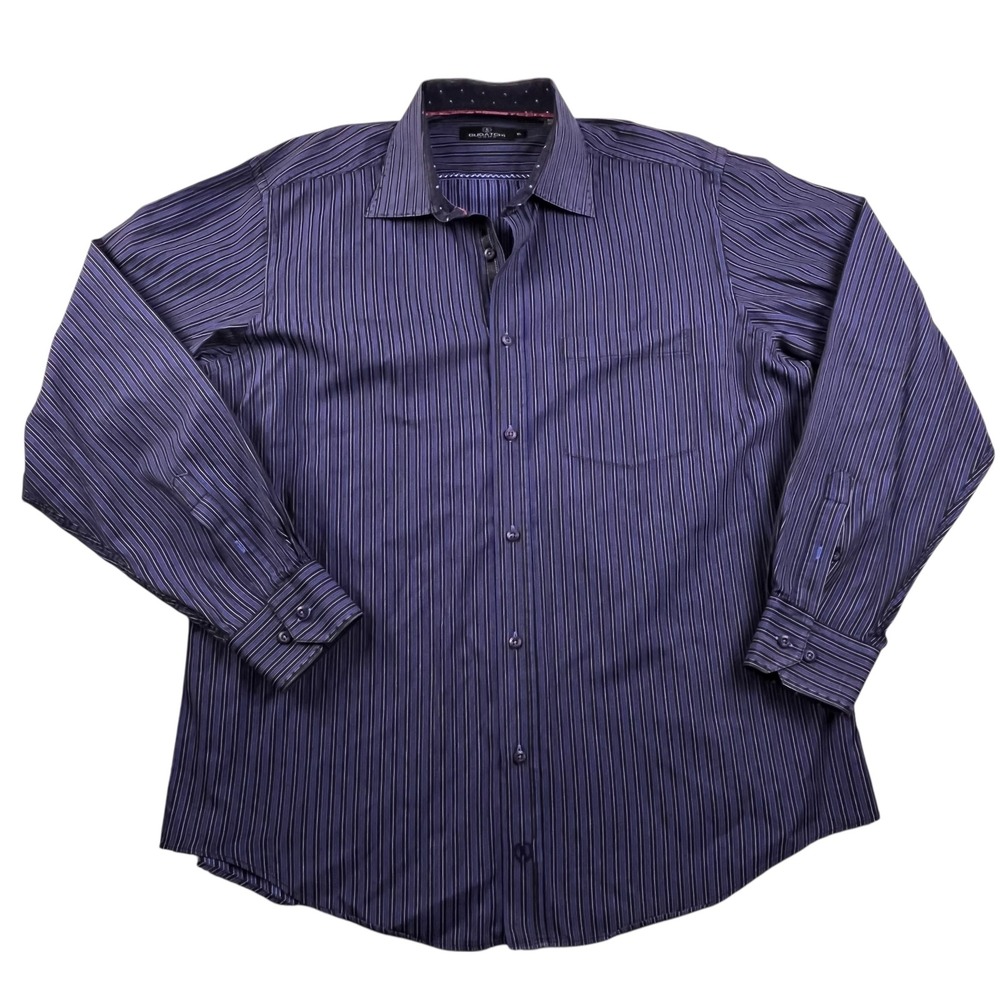 Bugatchi Uomo Mens Blue Striped Long Sleeve Button Down Shirt XL Contrast Collar